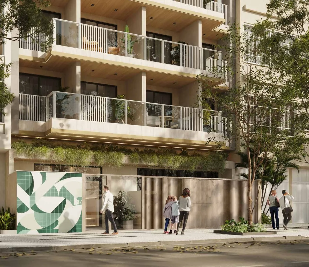 Entrada do prédio com painel de azulejos verdes e brancos e pessoas na calçada