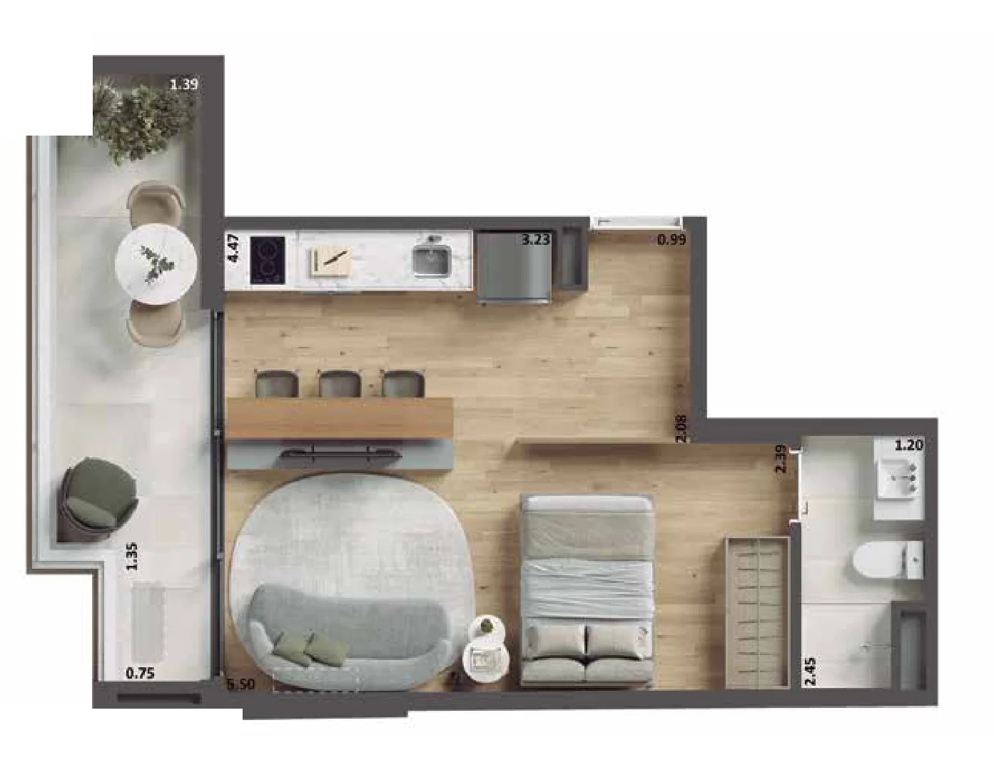 Planta do Studio 39 m², 39,49 m²