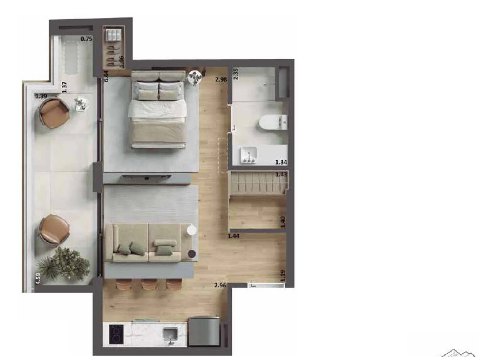 Planta do Studio 42 m², 42,15 m²