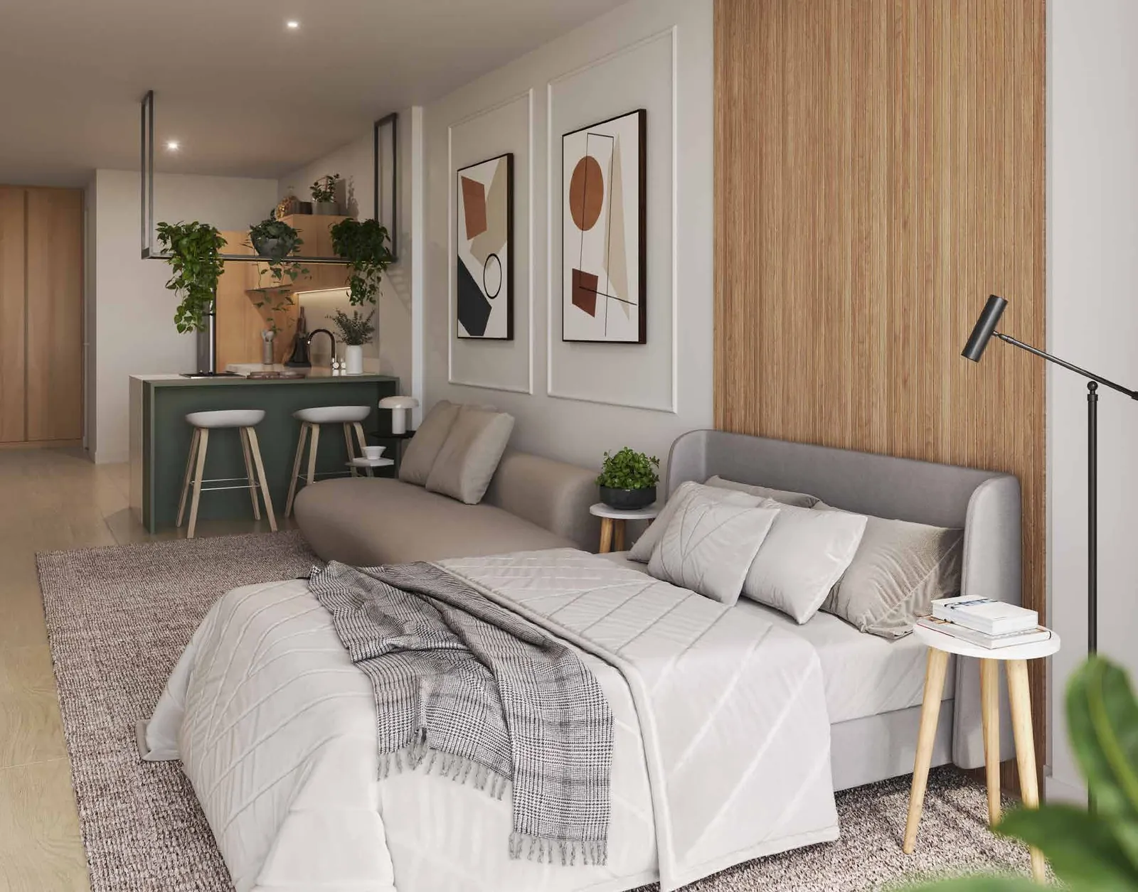 Cama de casal com painel de madeira e luminária de chão
