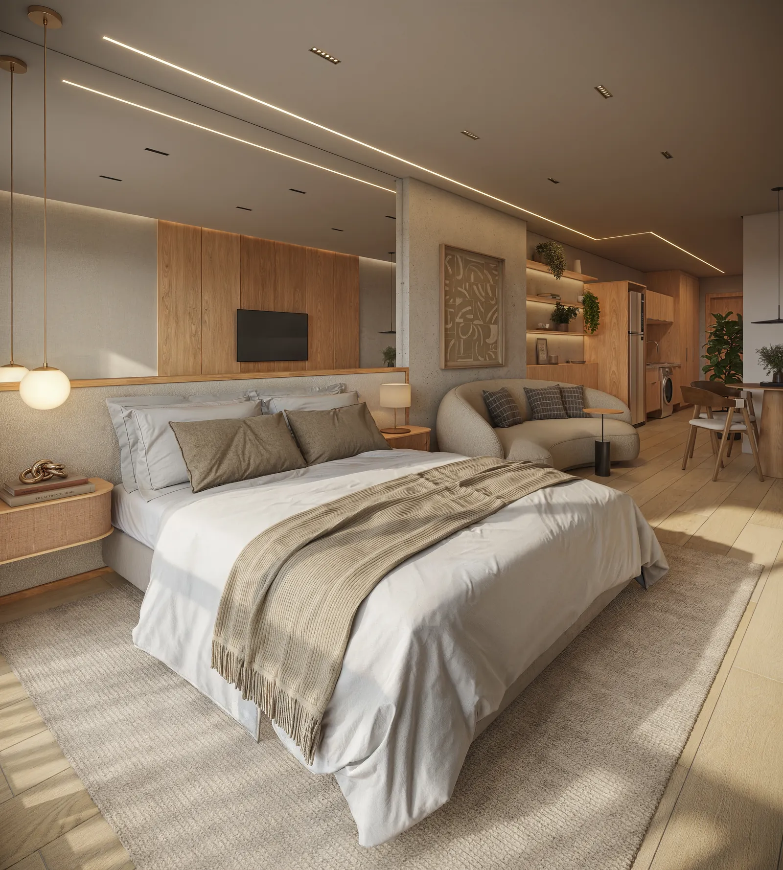 Quarto com cama de casal, estante iluminada e poltrona