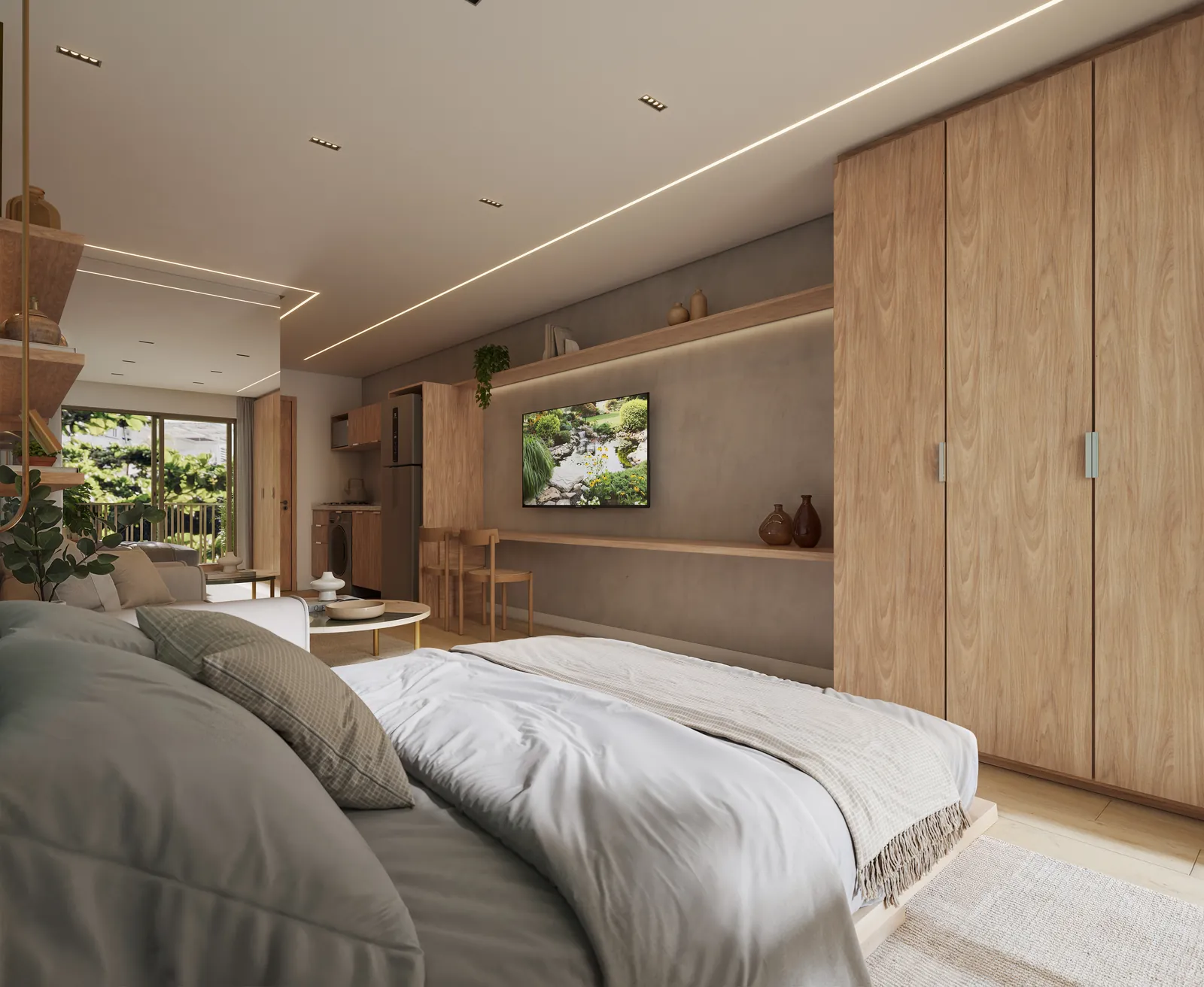 Quarto com cama, tapete e armários de madeira