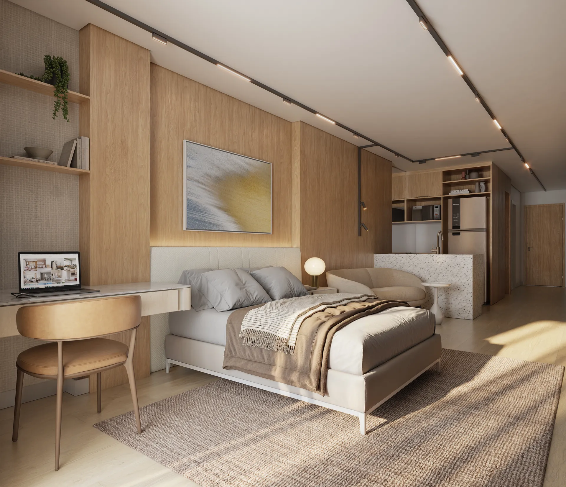 Apartamento com cama de casal, escrivaninha e cozinha ao fundo