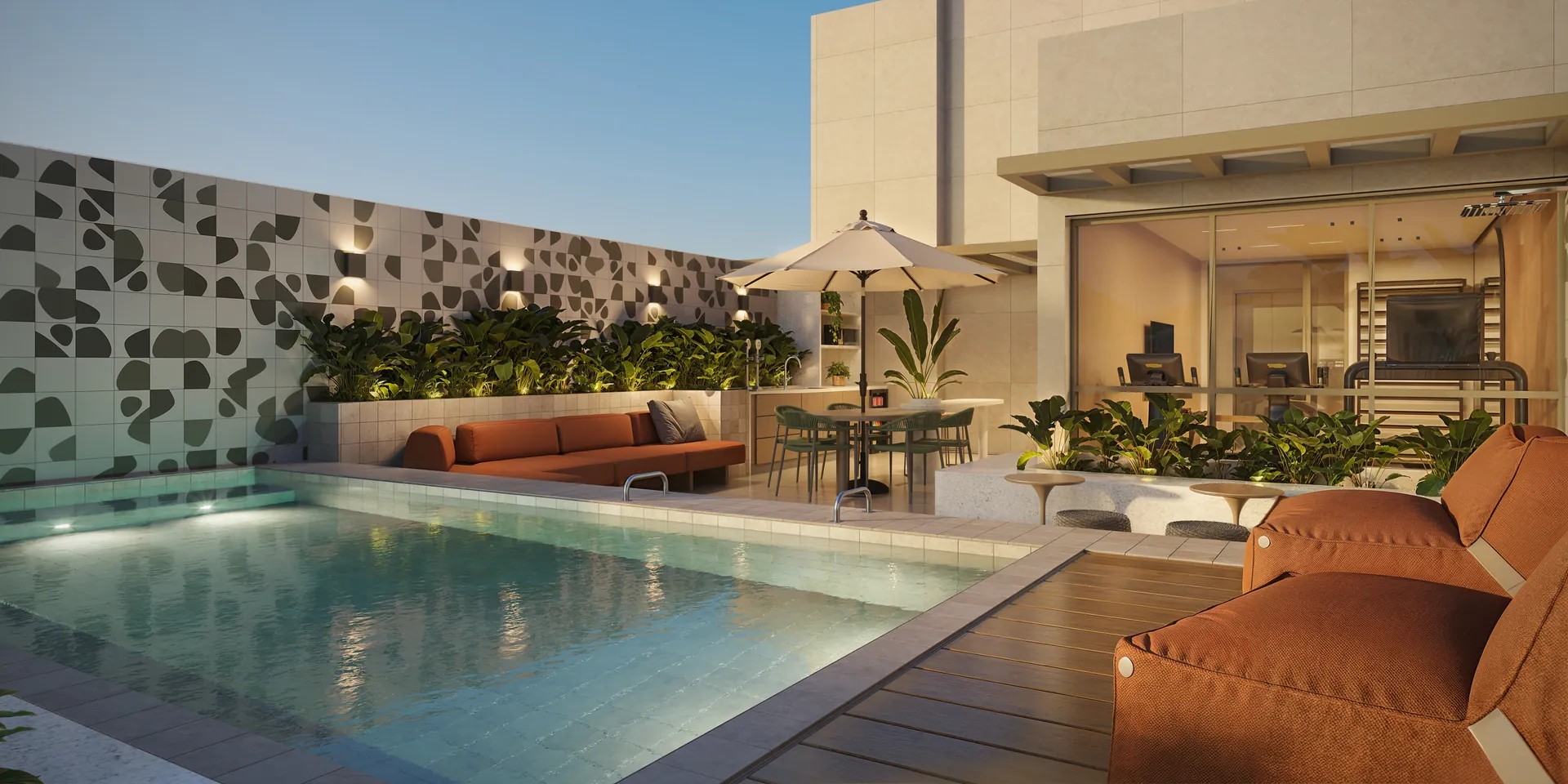 Piscina no rooftop com o Morro Dois Irmãos ao fundo