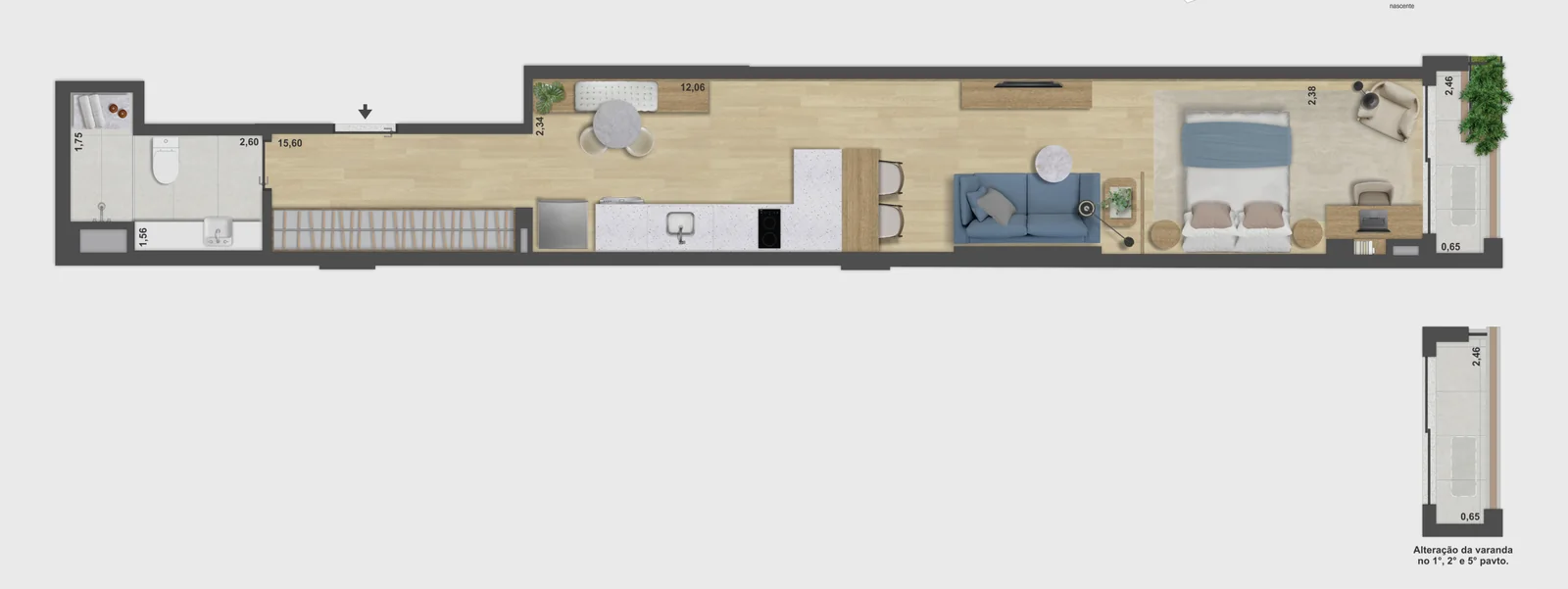Planta do Apartamento 48 m² · 225, 47,98 m²