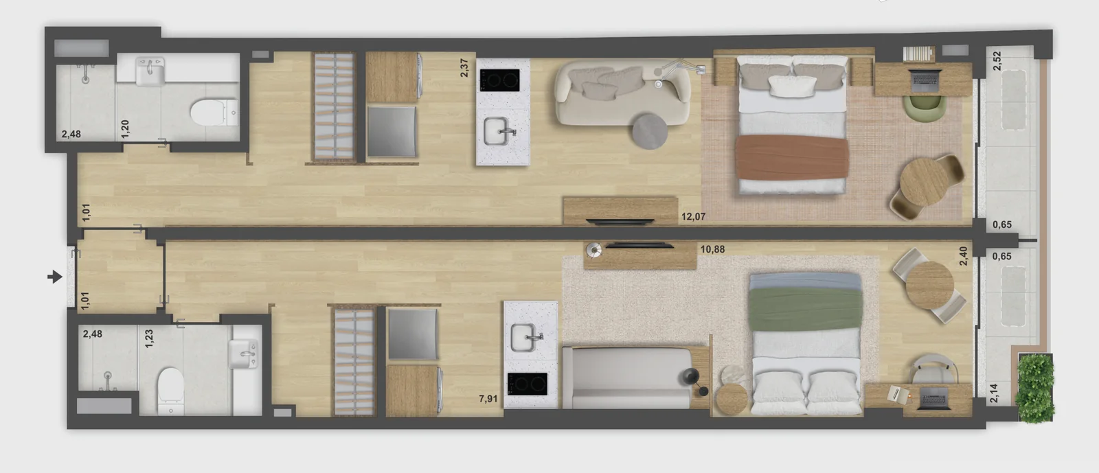 Planta do Double suites · 225, 69,89 e 70,05 m²