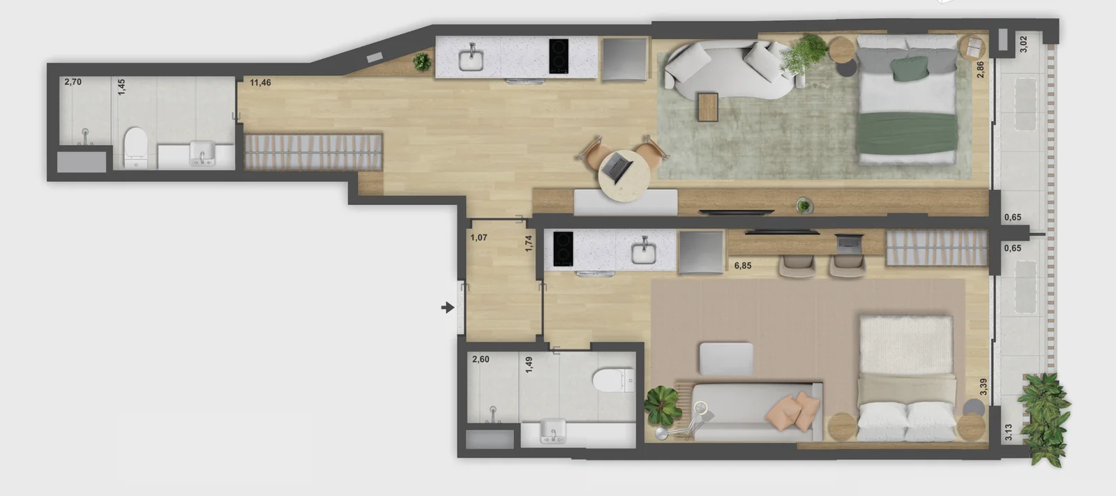Planta do Double suites · 404, 73,44 e 73,52 m²