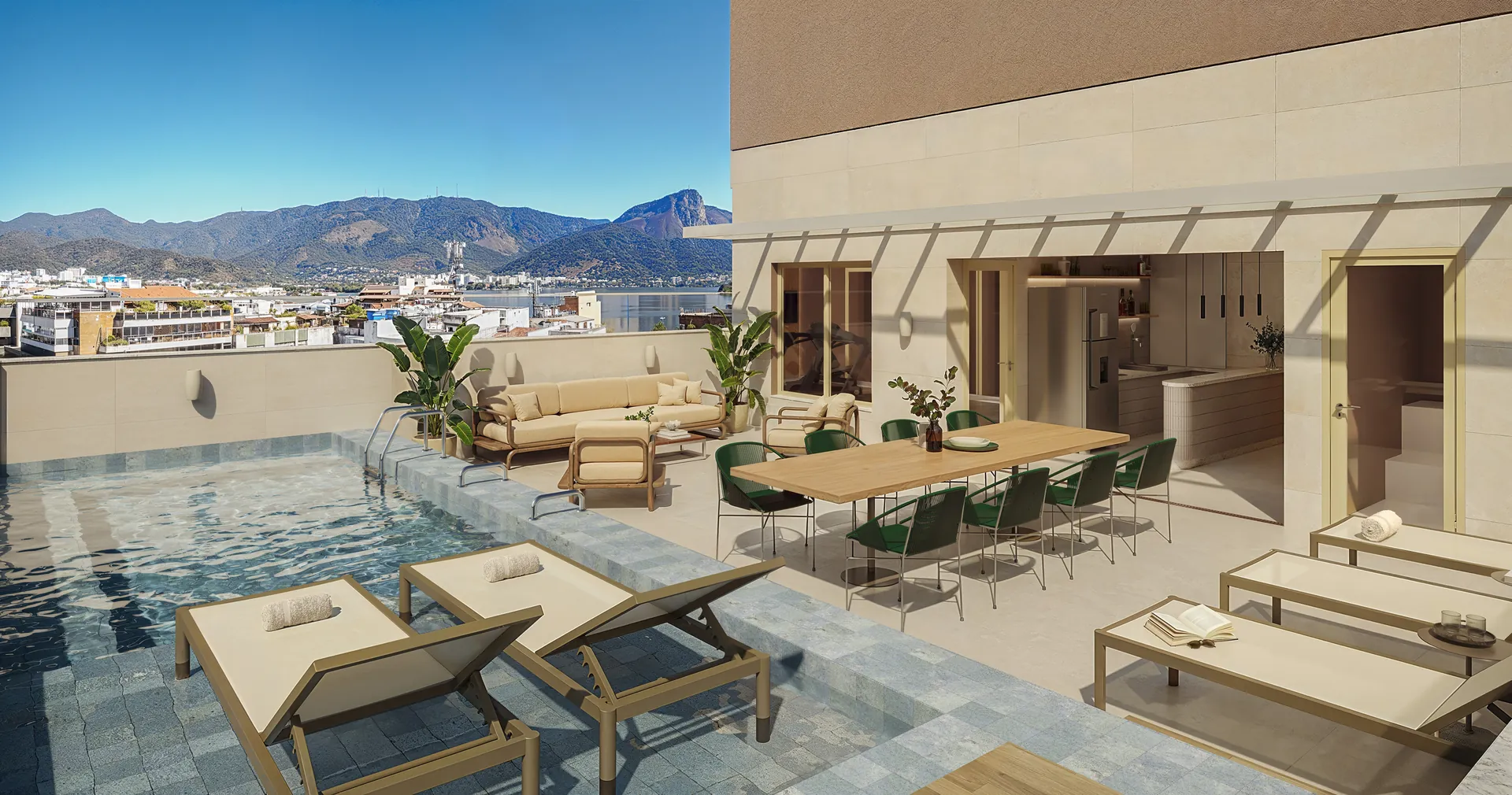 Piscina no rooftop com espreguiçadeiras e as montanhas ao fundo