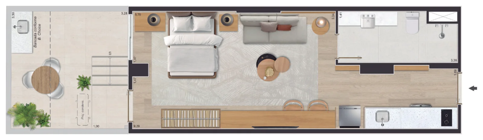 Planta do Garden, 45,77 m²