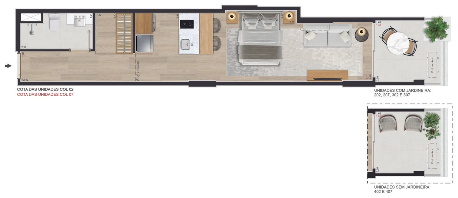 Planta do Studio, 36,50 a 37,49 m²