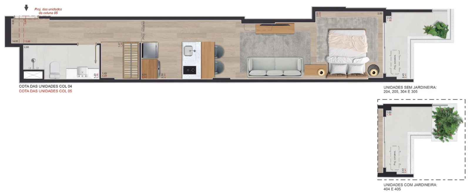 Planta do Studio 39 m², 39,62 a 39,68 m²