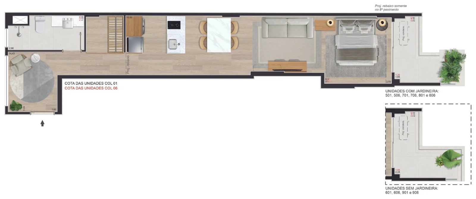 Planta do Studio 44 m², 43,91 a 44,82 m²