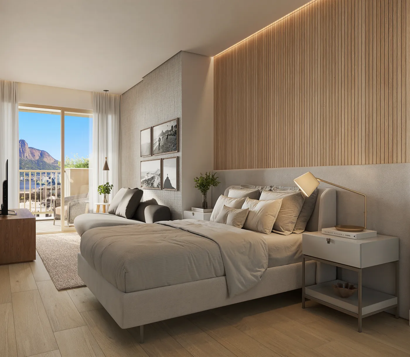 Studio com cama de casal, painel de madeira e varanda com vista para o Cristo