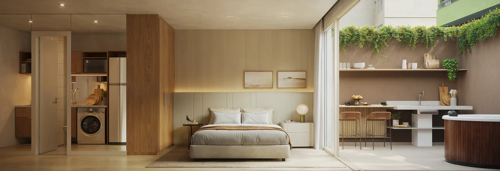 Garden com quarto, cozinha e área externa com ofurô