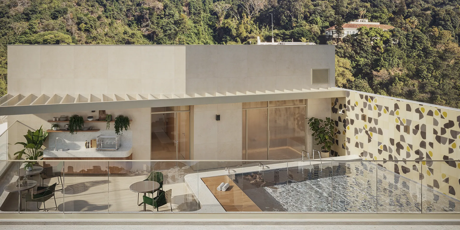 Piscina no rooftop com banco curvo e a mata ao fundo