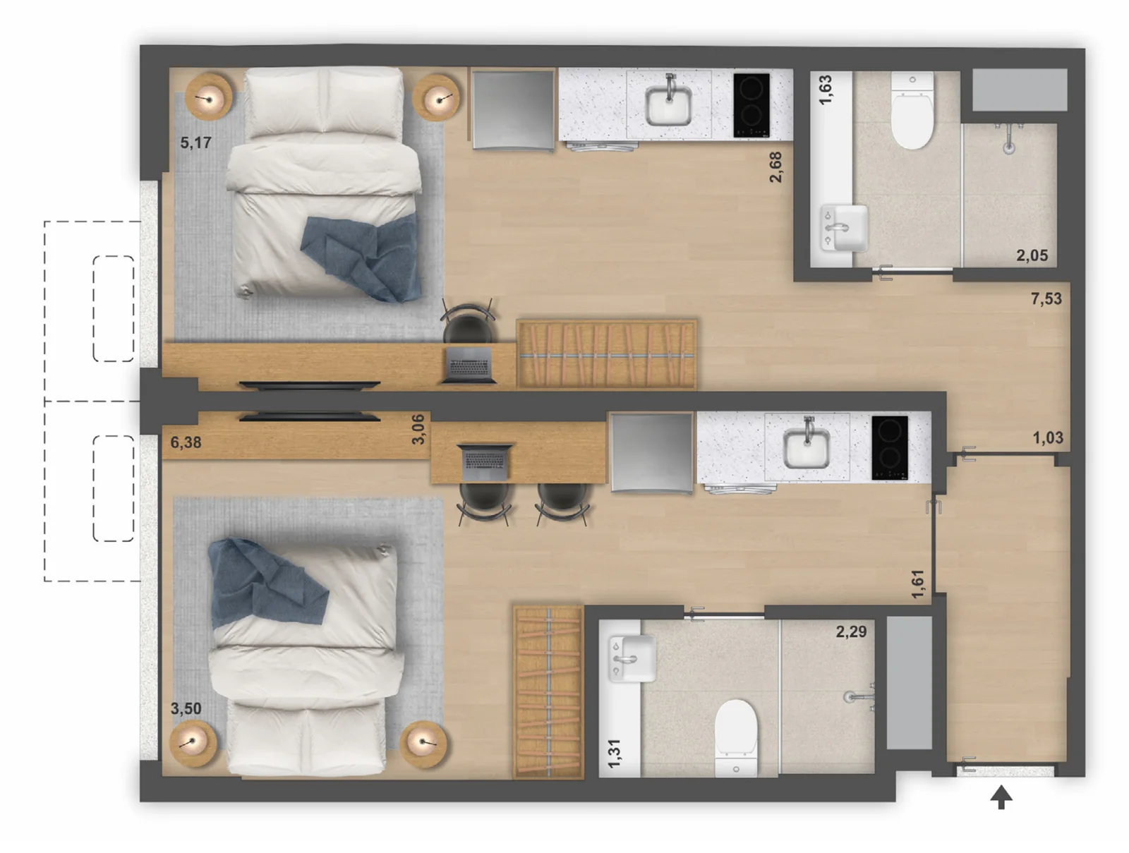 Planta do Double suite 48 m², 48,22 m²