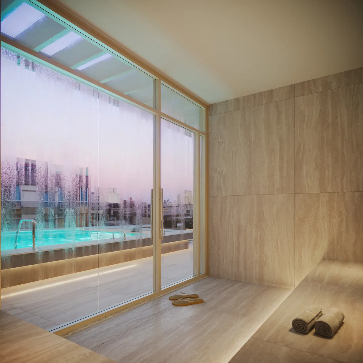 Sauna de madeira com porta de vidro para a piscina