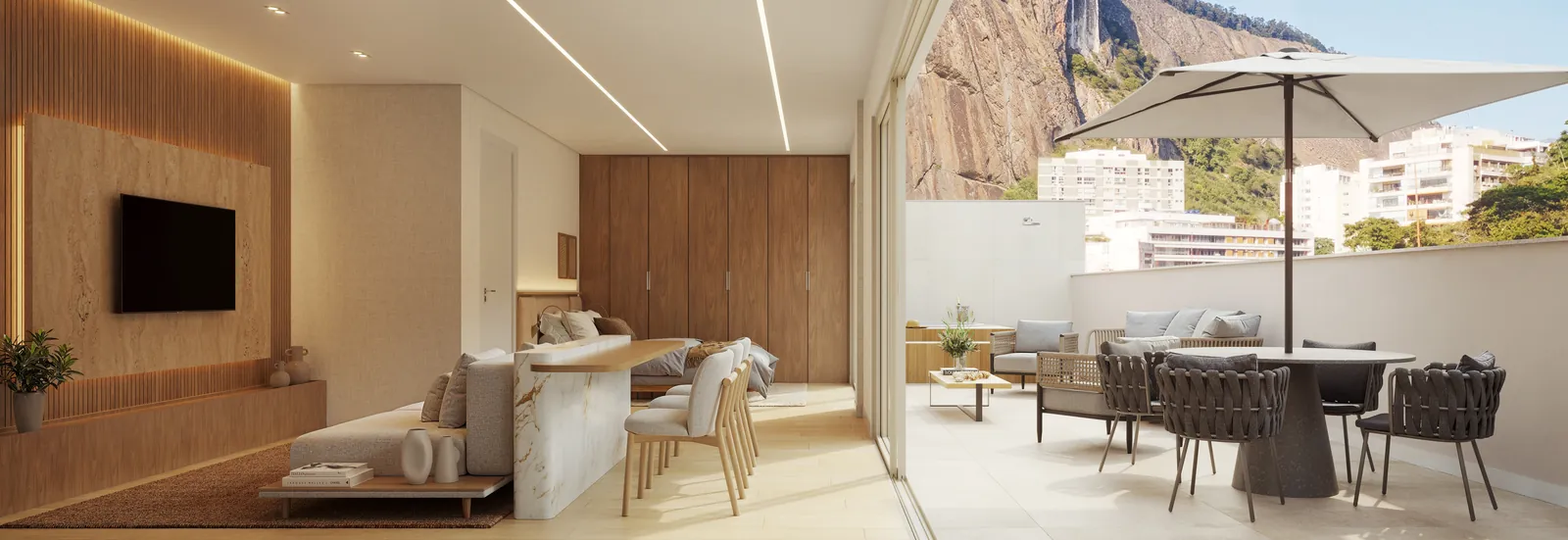 Cobertura com sala, cozinha e terraço com mesa e guarda-sol
