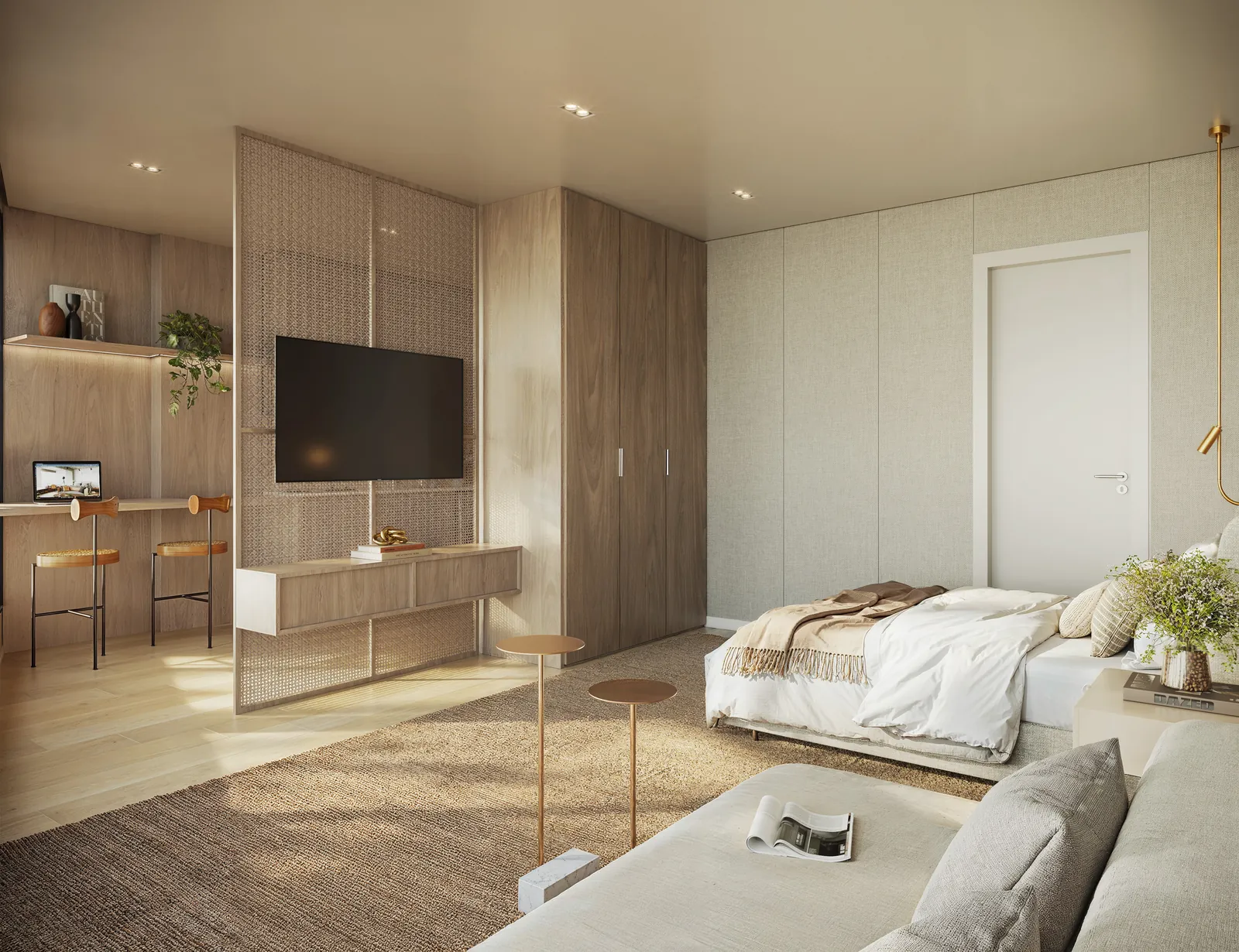 Suíte com cama de casal, TV, escrivaninha e armários