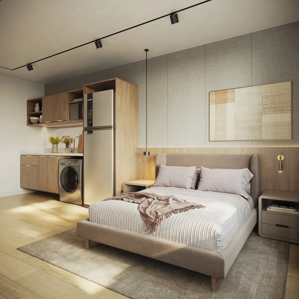 Suíte com cama, cozinha compacta e lava e seca