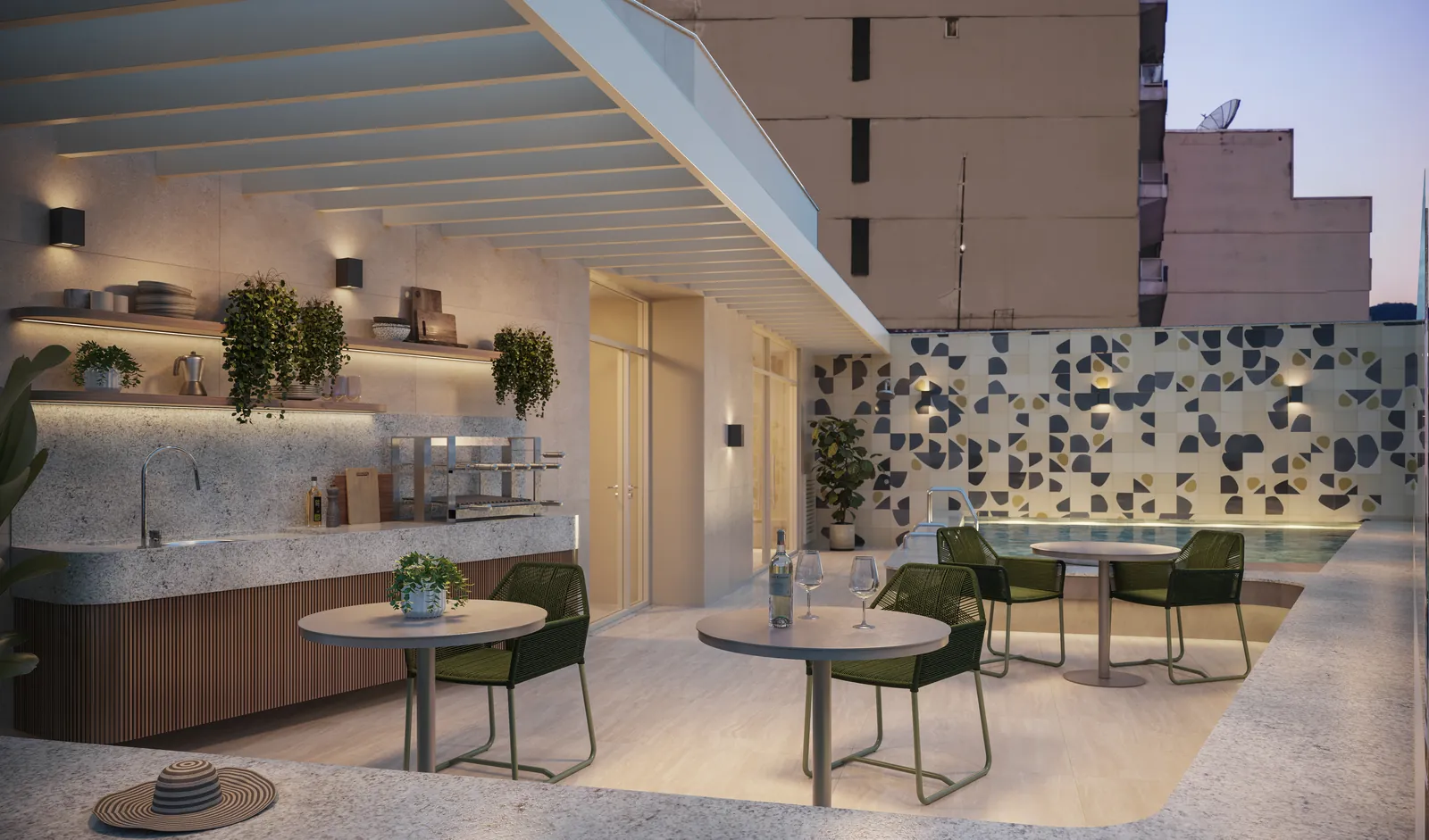 Espaço gourmet com bancada, mesas e painel de azulejos
