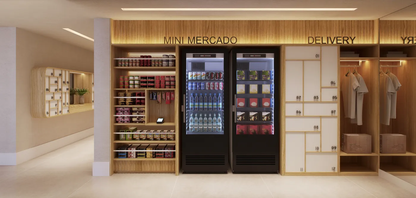 Minimercado com geladeiras e armários de entrega