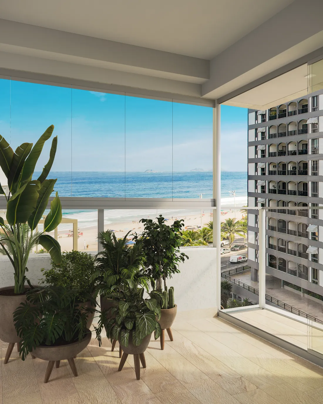 Varanda com plantas e vista para a praia de Ipanema
