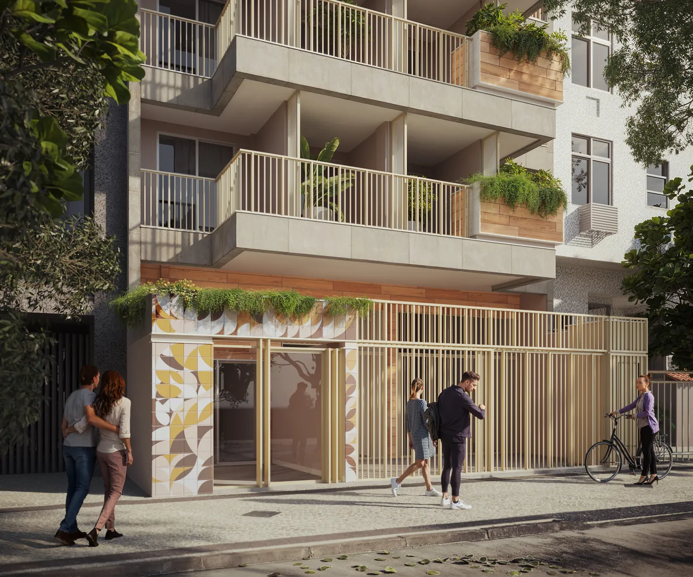 Entrada do prédio com painel de azulejos em tons de outono