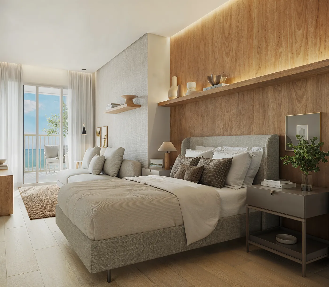 Studio com cama de casal, painel de madeira e janela para a praia
