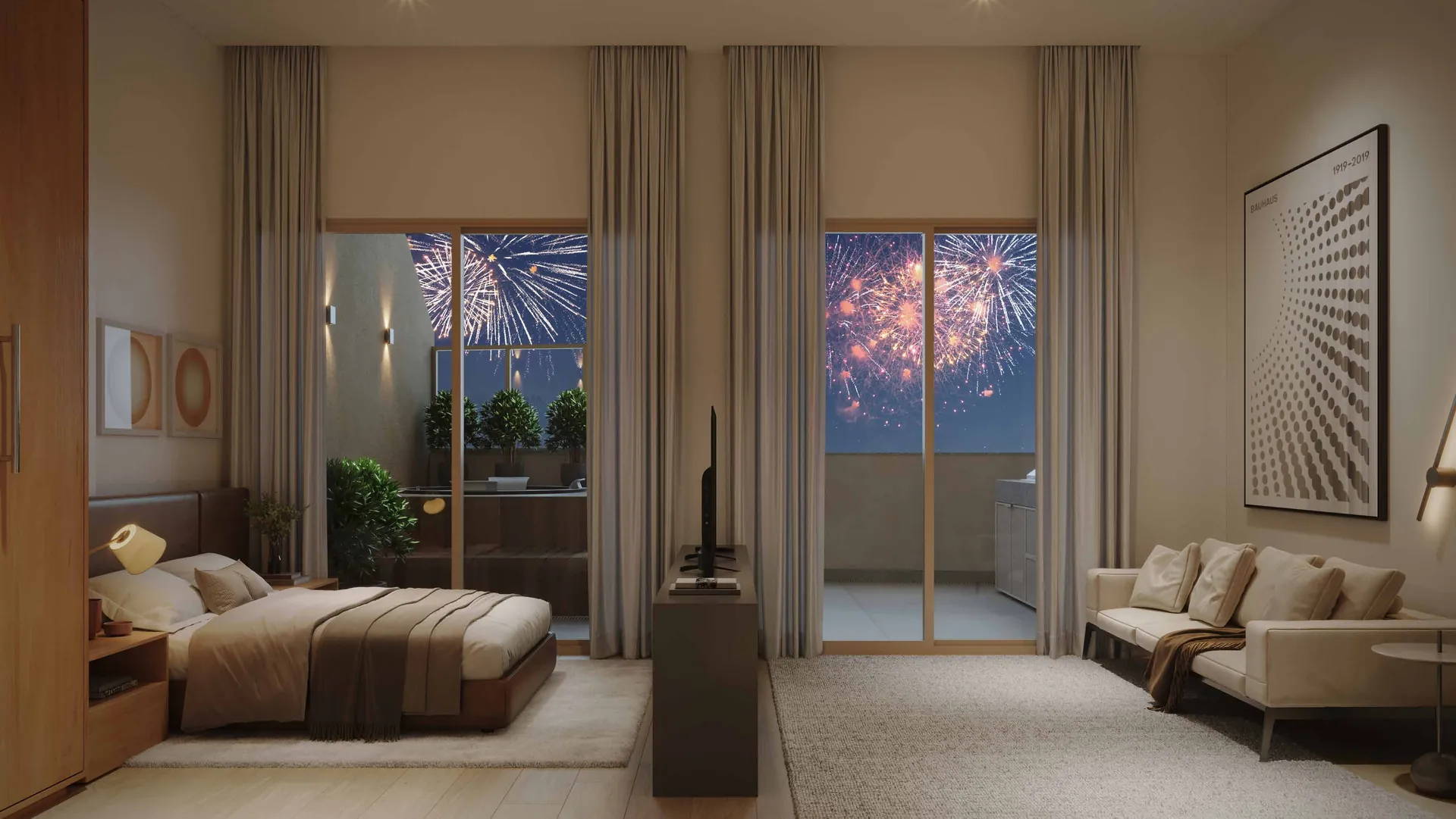 Quarto com janelas abertas para os fogos de Copacabana