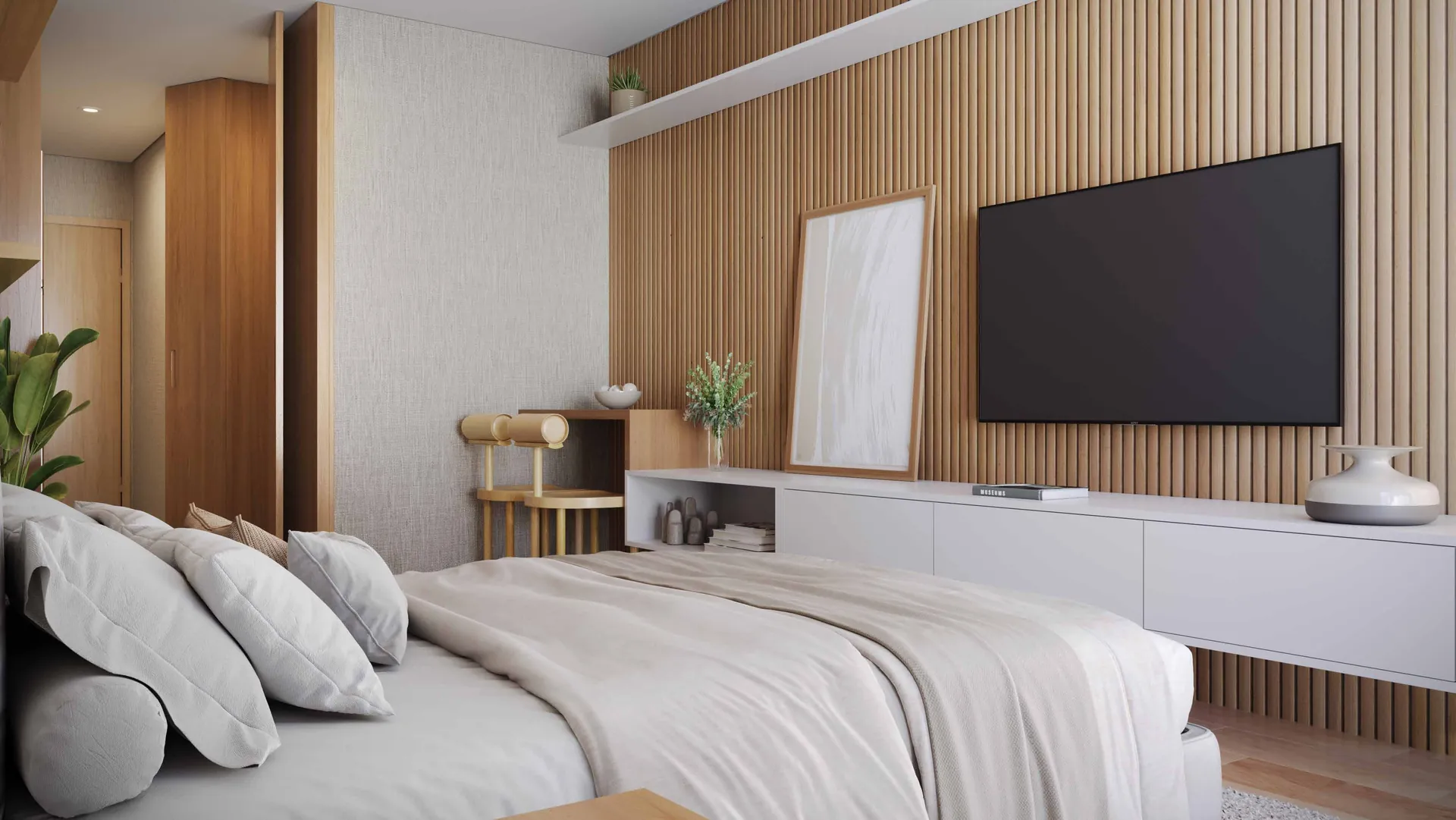 Suíte com cama de casal, painel de madeira e TV