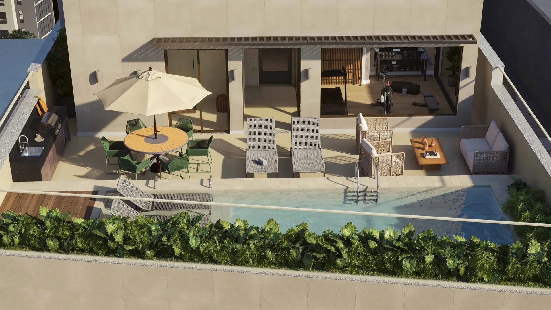 Rooftop com piscina, guarda-sol e espreguiçadeiras
