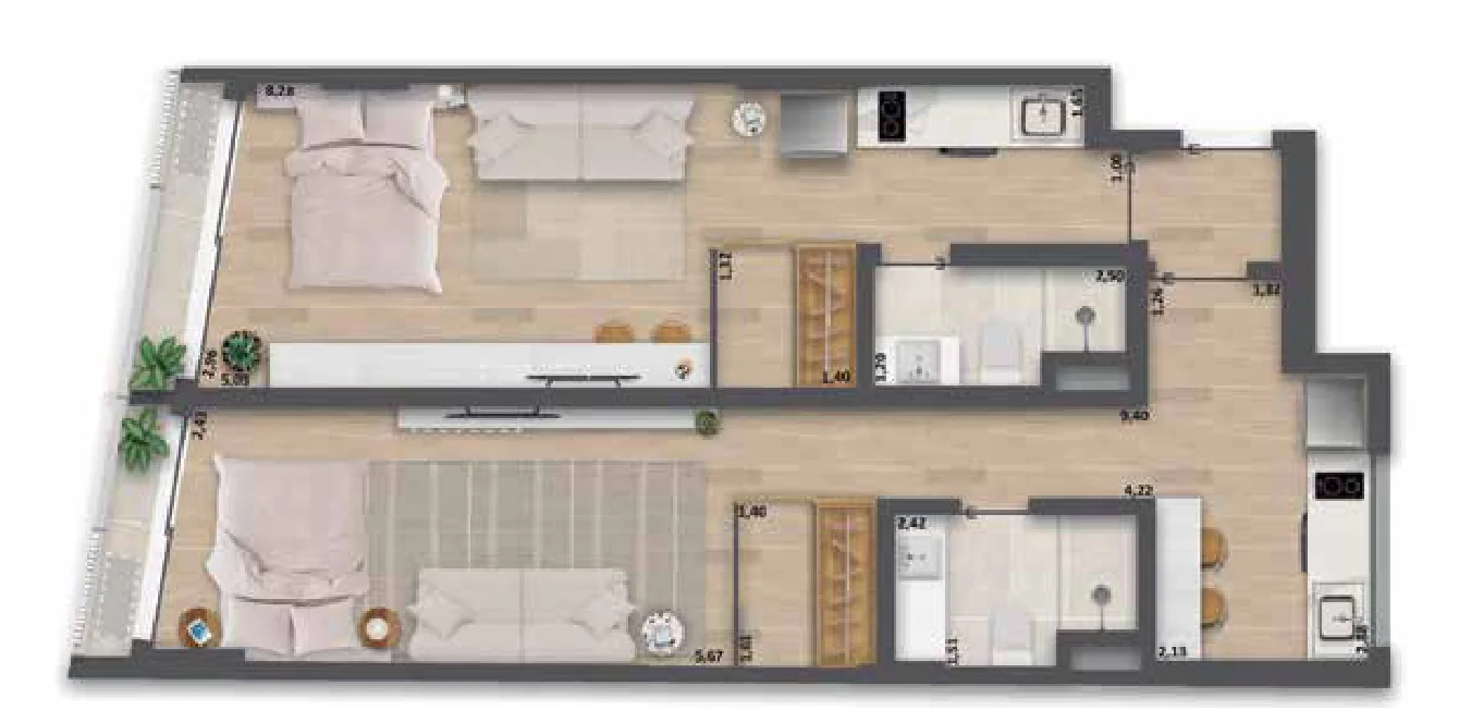 Planta do Double suite 72 m², 72,78 m²