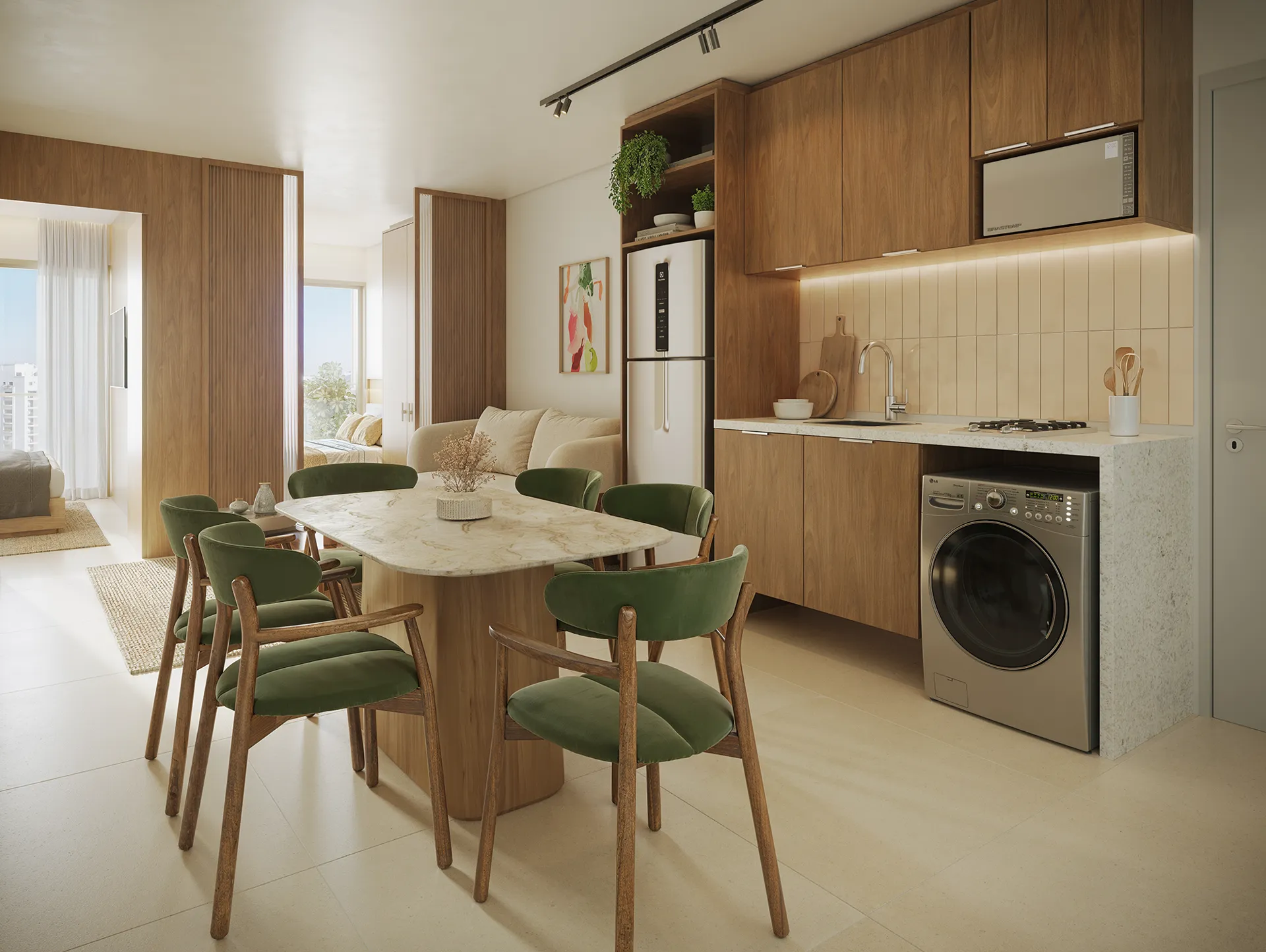 Double Studio decorado, com mesa de jantar, cozinha com bancada e luz natural