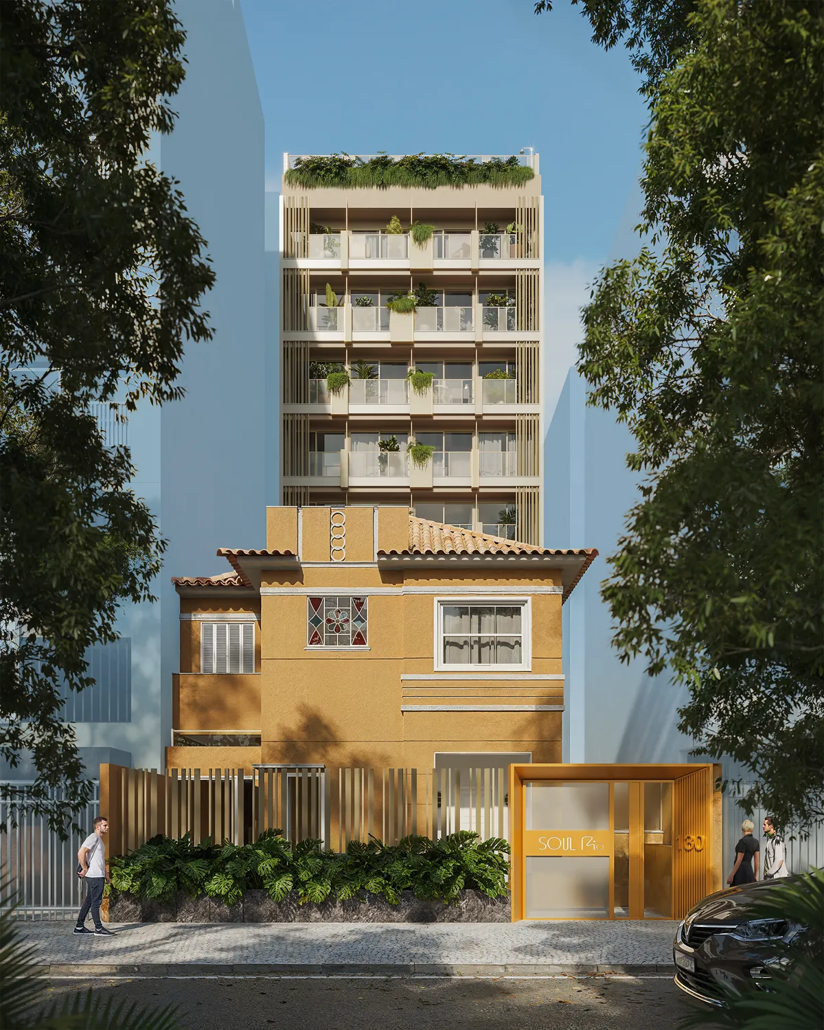 A casa Art Déco preservada na frente e o prédio do Soul Rio atrás, em Ipanema