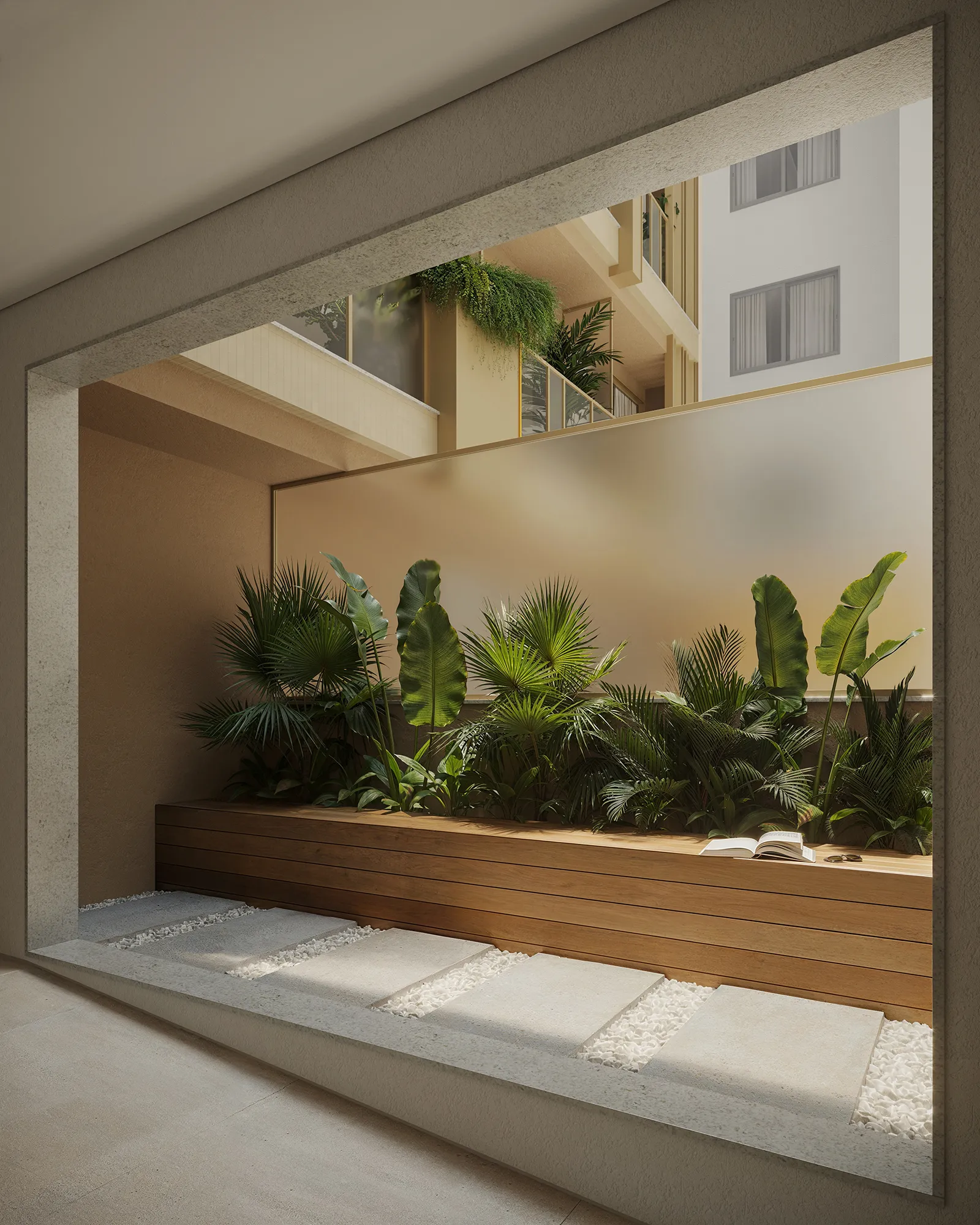 Galeria com jardim entre a casa preservada e o prédio