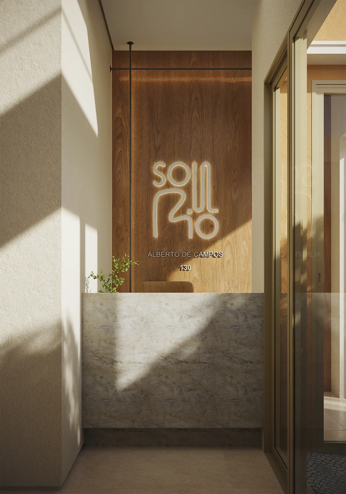 Hall de entrada com o logo do Soul Rio e revestimento de madeira