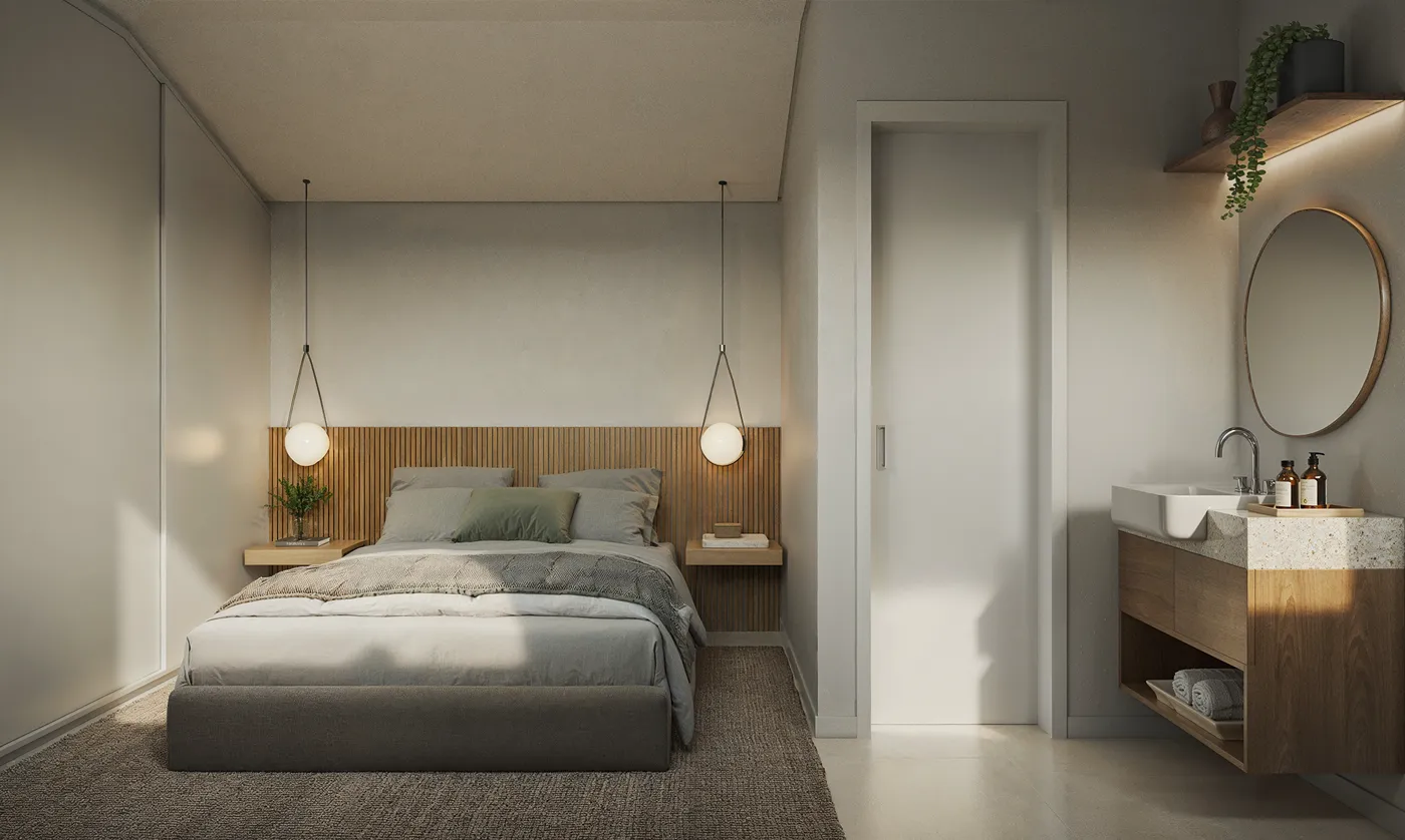 Quarto na mansarda do duplex, sob o telhado da casa