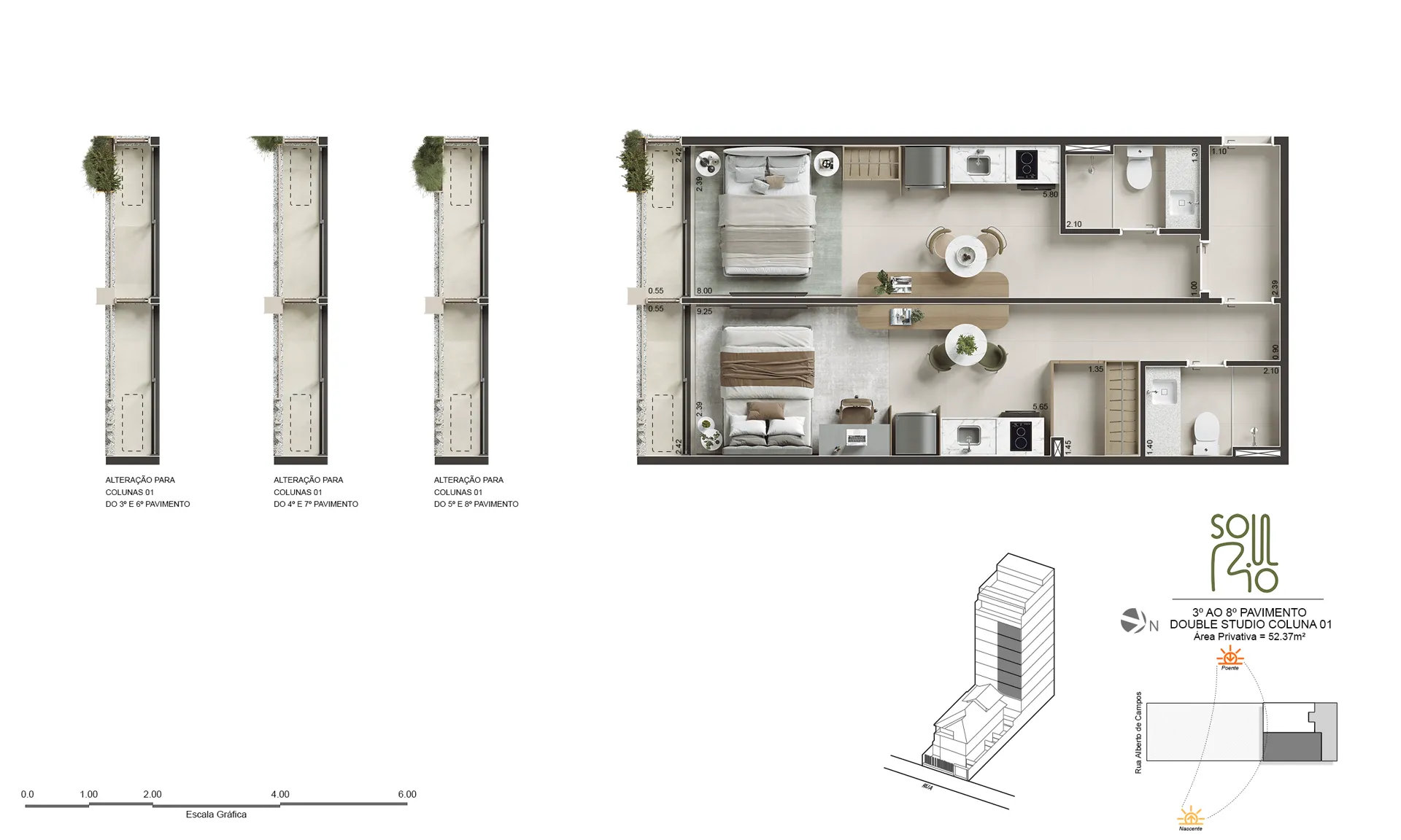 Planta humanizada do Double Studio+, 52 m²