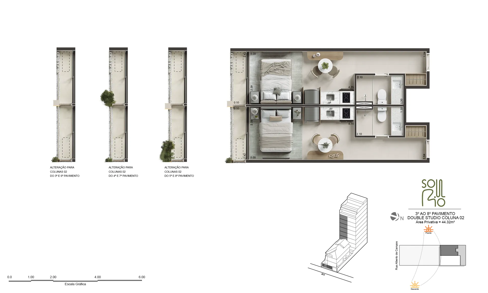 Planta humanizada do Double Studio, 44 m²