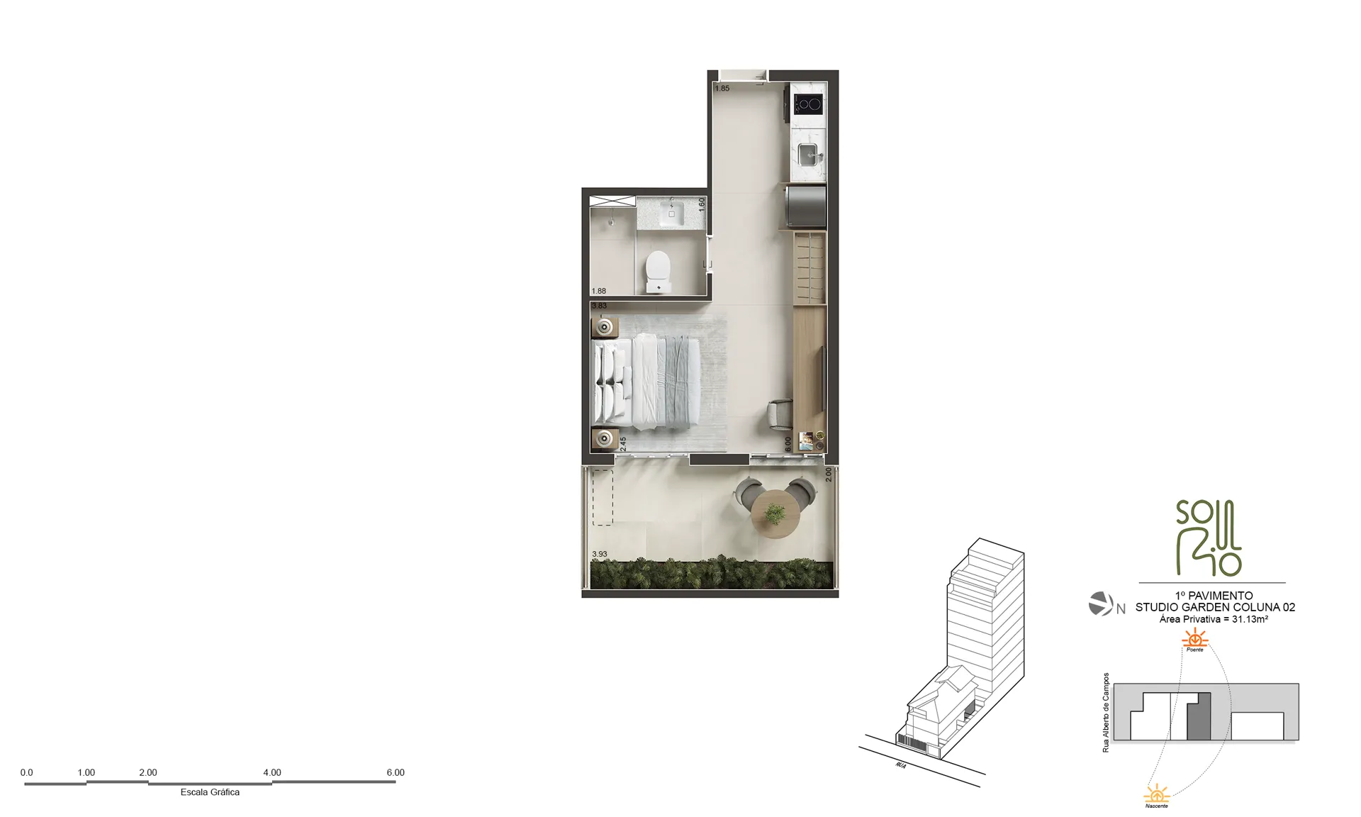 Planta humanizada do Garden na casa, 29 e 31 m²