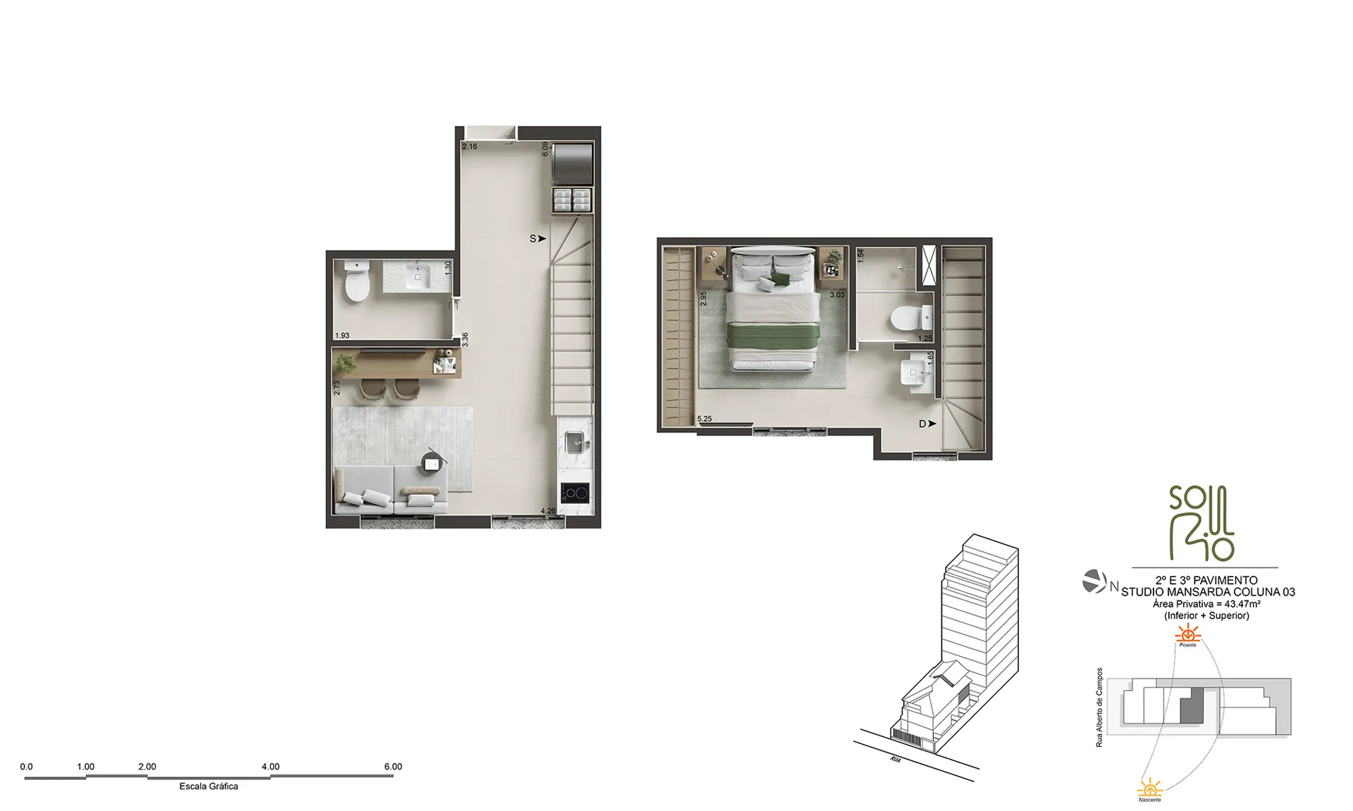 Planta humanizada do Studio com mansarda, 43 m²