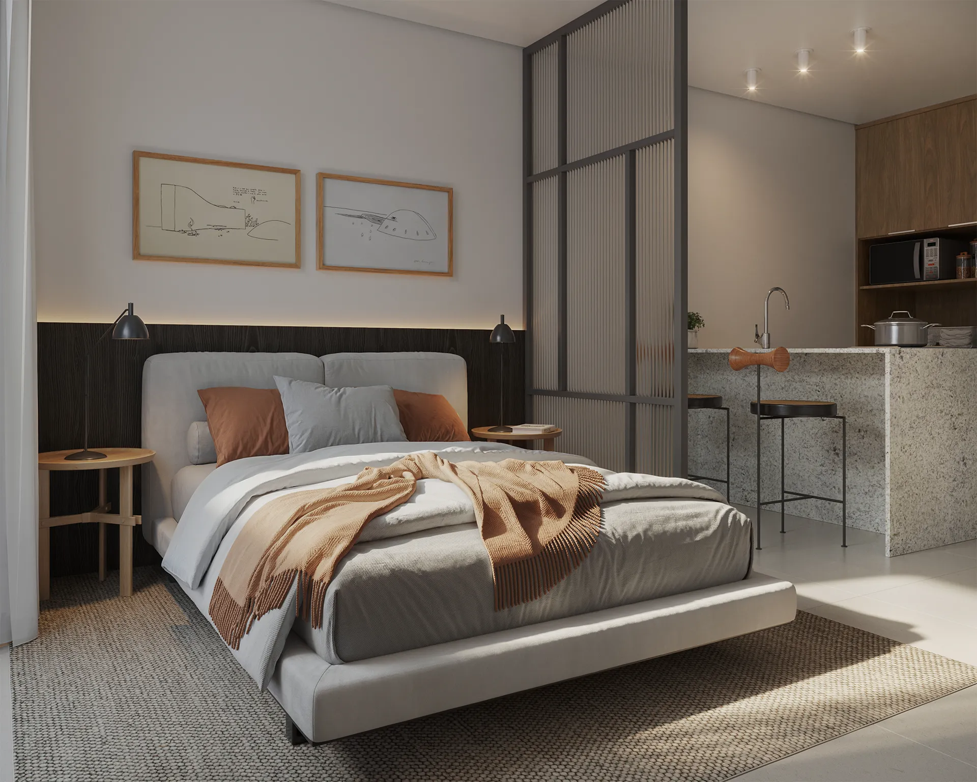 Studio no térreo da casa, com cama, cozinha compacta e porta para o jardim