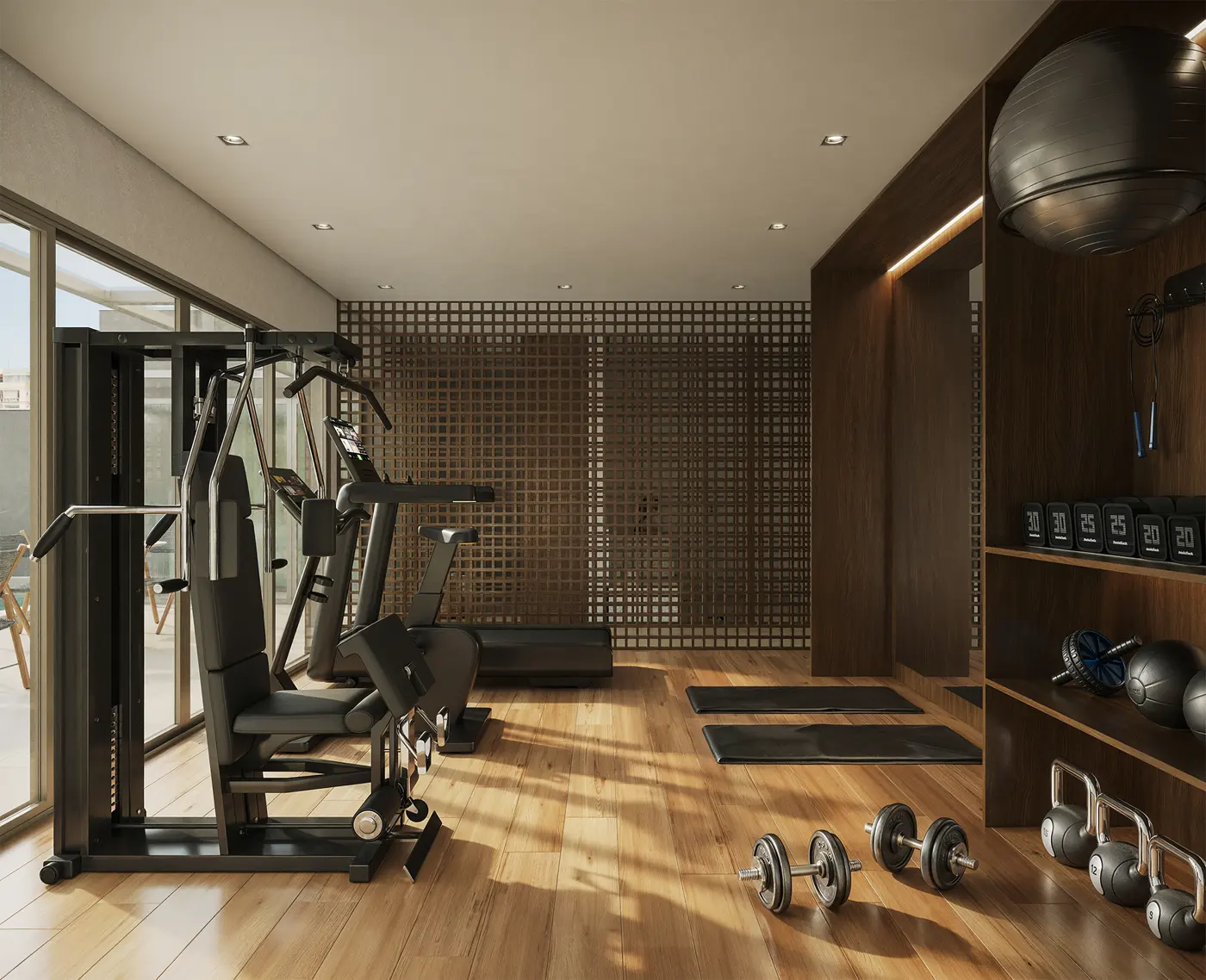 Academia com estação de musculação e halteres