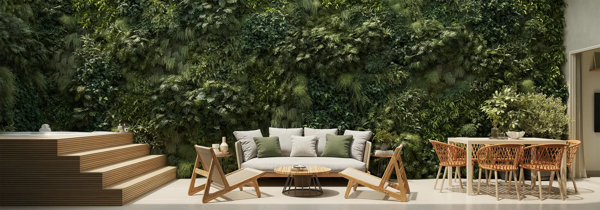 Área externa de um Studio Garden com sofá, mesa e parede verde