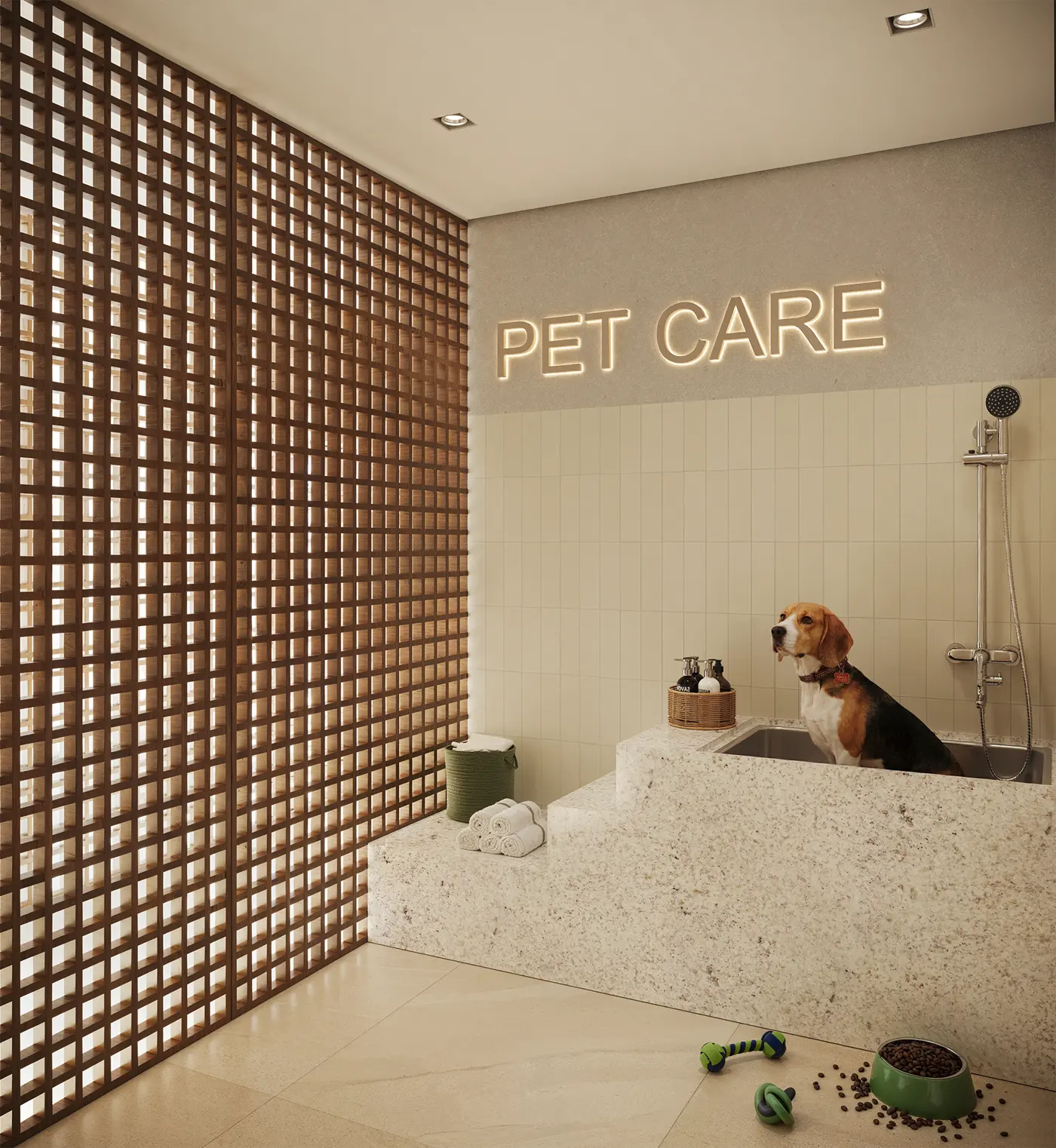 Espaço pet care com cobogó e cachorro