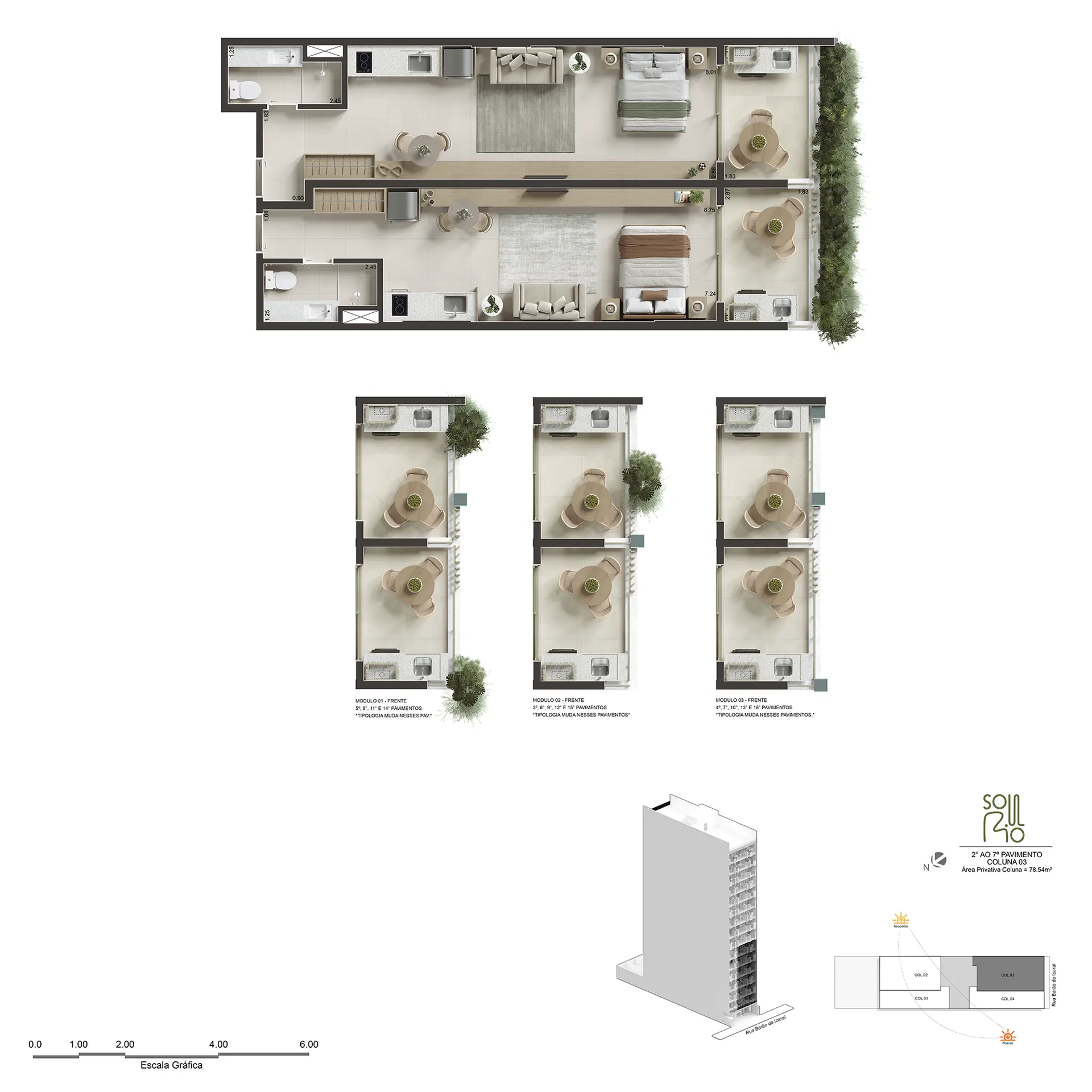 Planta humanizada do Double Studio Plus, 78,54 m²