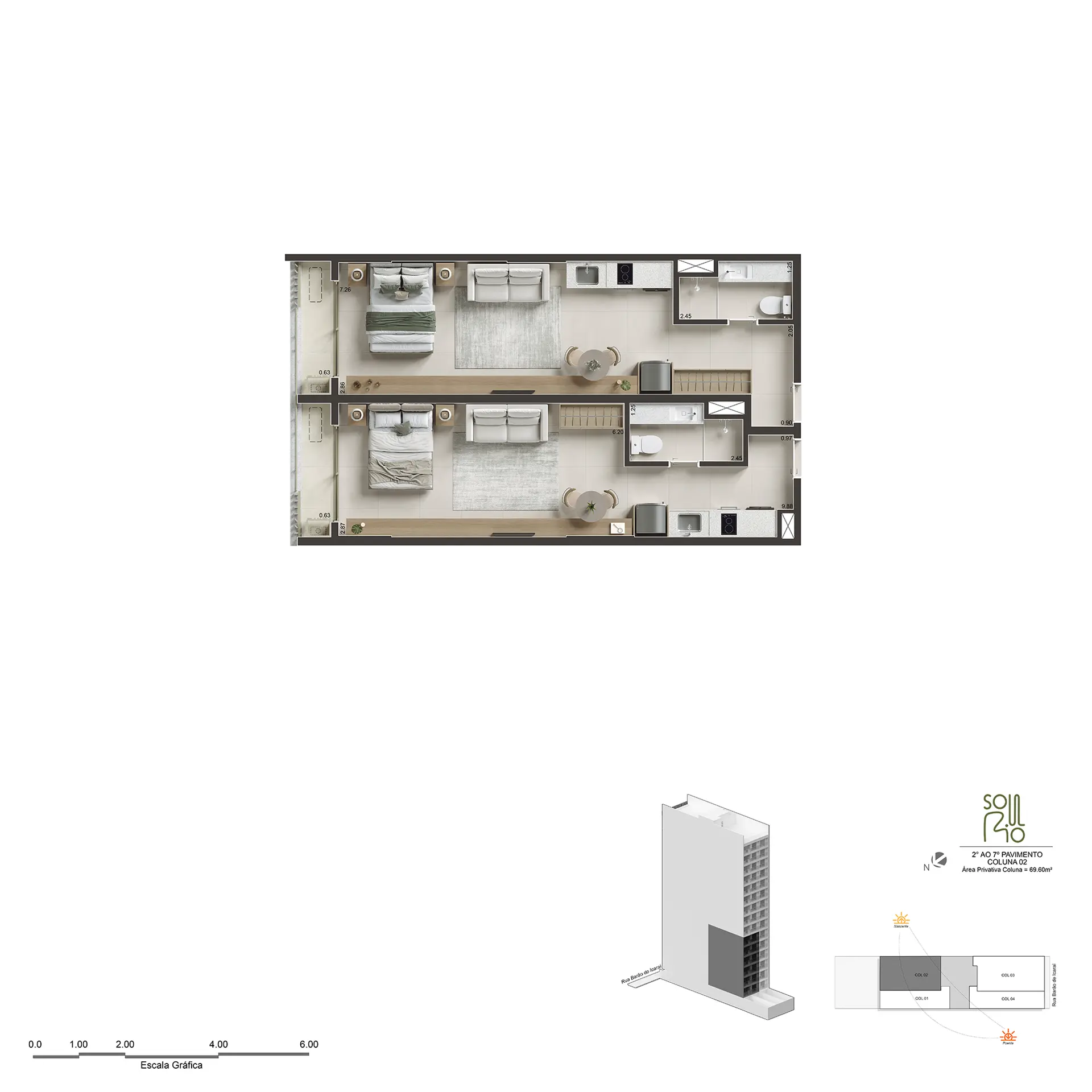 Planta humanizada do Double Studio, 69,60 m²