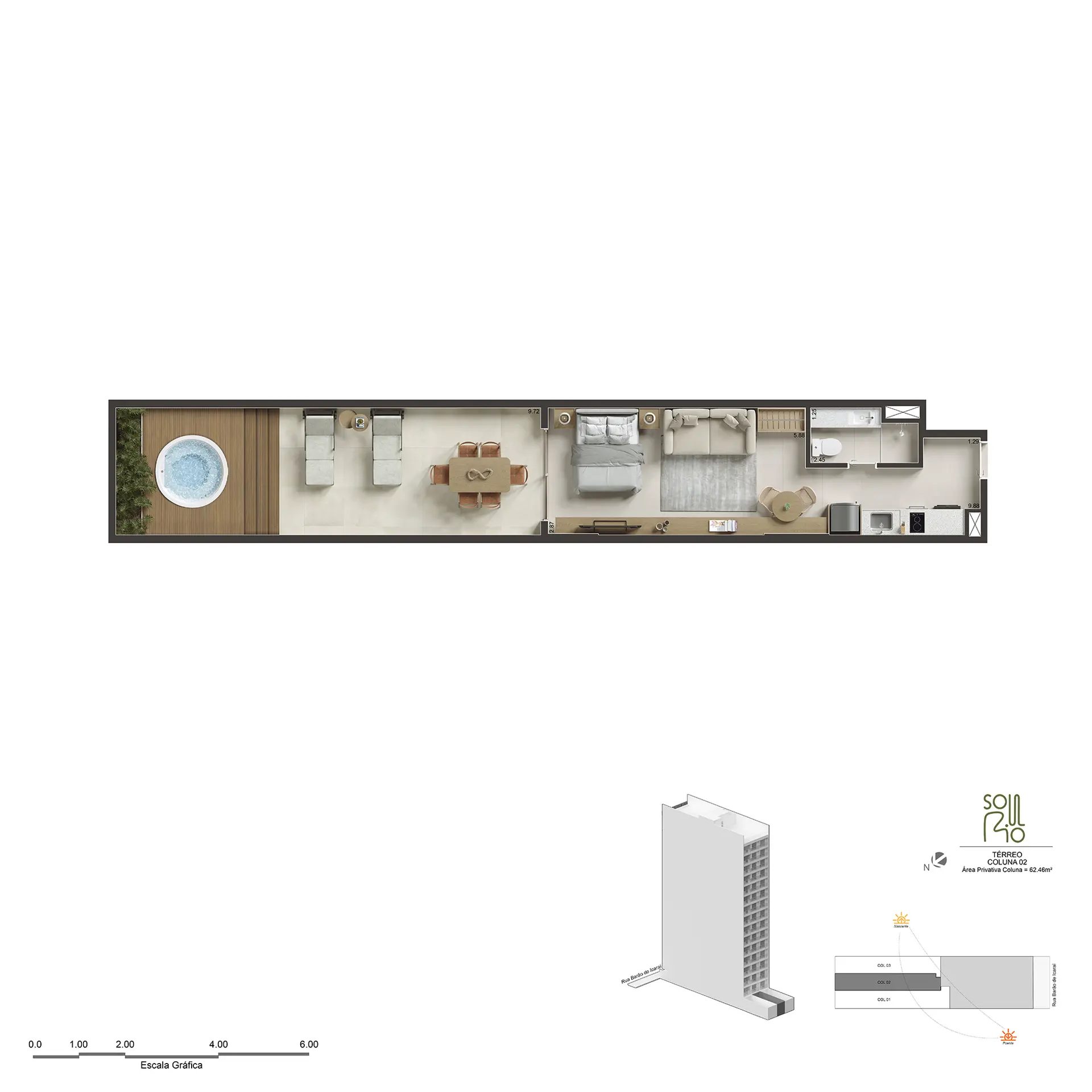 Planta humanizada do Studio Garden, 62 e 71 m² (com área externa)