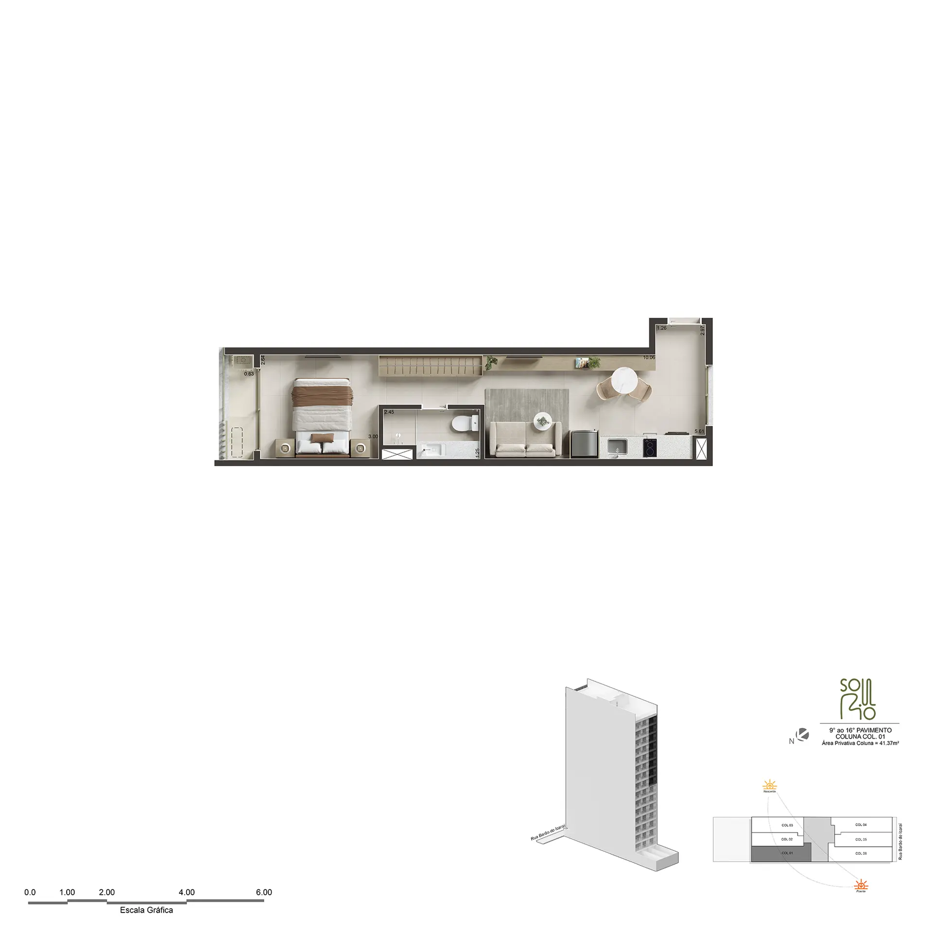 Planta humanizada do Studio Plus, 41 a 45 m²